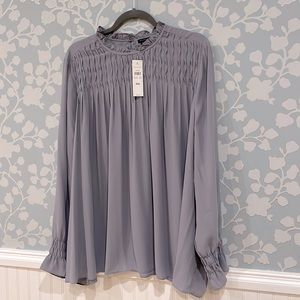 NWT Ann Taylor smocked gray-blue blouse, size XXL, long sleeves, 100% polyester